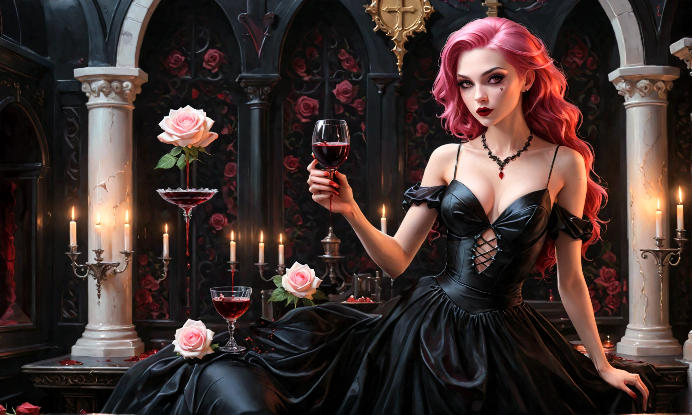 Arafed, dark fantasy art, glamour shot, award winning shot, photorealistic, a portrait of a female vampire drinking a glass of blood,, pink hair, long hair, red lips, glowing eyes, there is an imprint of white rose, dynamic color, she wears, an elegant (black dress: 1.5), catholic church and altar background, bar background, 16k, ultra detailed, masterpiece, best quality, (extremely detailed), Dark Art Painting Style