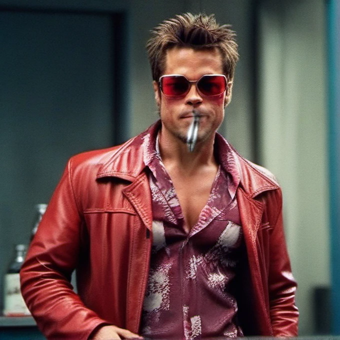 cinematic photo tyler durden, facial hair, red jacket, sunglasses,  aims a hangun . 35mm photograph, film, bokeh, professional, 4k, highly detailed