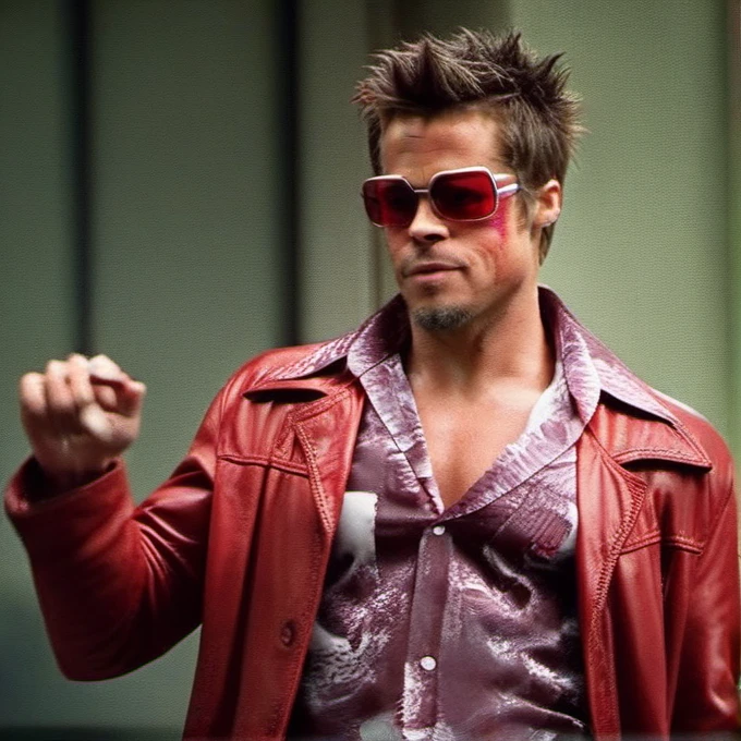 cinematic photo tyler durden, facial hair, red jacket, sunglasses,  aims a hangun . 35mm photograph, film, bokeh, professional, 4k, highly detailed