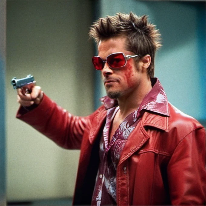 cinematic photo tyler durden, facial hair, red jacket, sunglasses,  aims a hangun . 35mm photograph, film, bokeh, professional, 4k, highly detailed