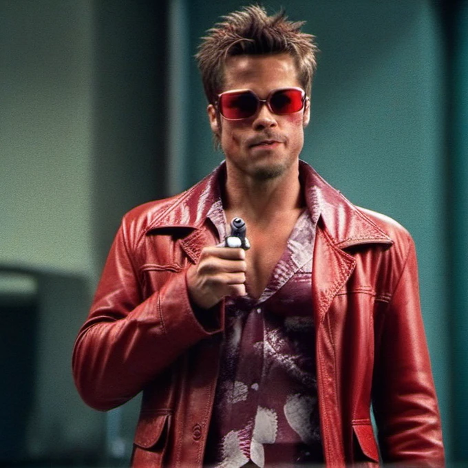 cinematic photo tyler durden, facial hair, red jacket, sunglasses,  aims a hangun . 35mm photograph, film, bokeh, professional, 4k, highly detailed