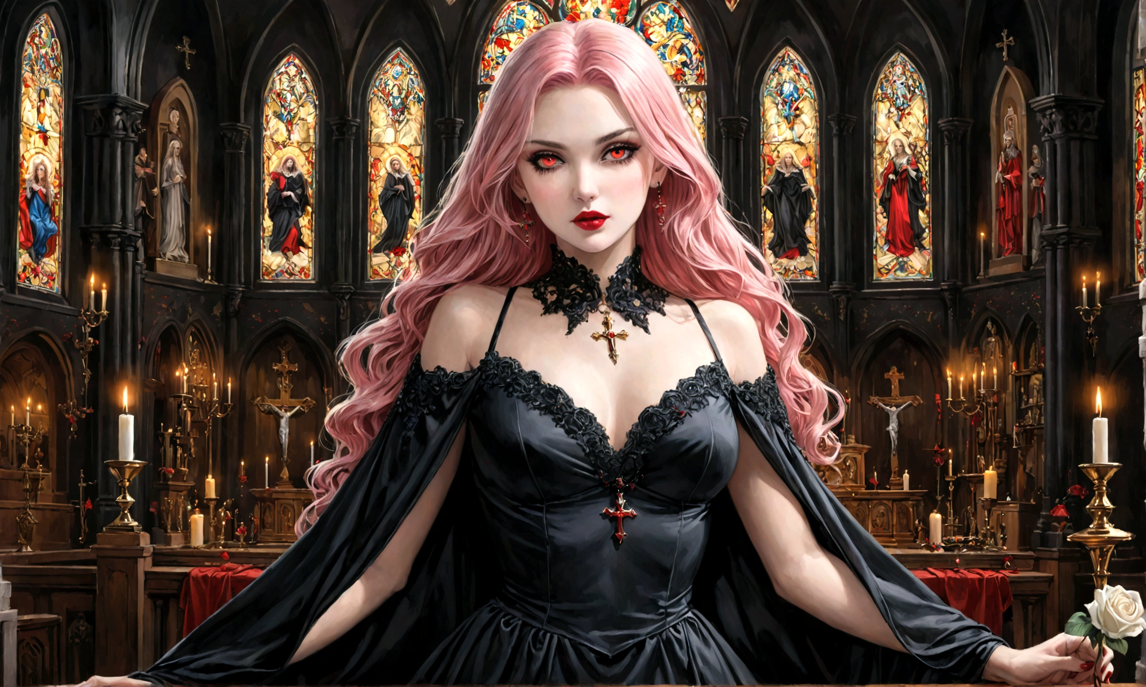 Arafed, dark fantasy art, glamour shot, award winning shot, photorealistic, a portrait of a female vampire drinking a glass of blood,, pink hair, long hair, red lips, glowing eyes, there is an imprint of white rose, dynamic color, she wears, an elegant (black dress: 1.5), catholic church and altar background, bar background, 16k, ultra detailed, masterpiece, best quality, (extremely detailed), Dark Art Painting Style