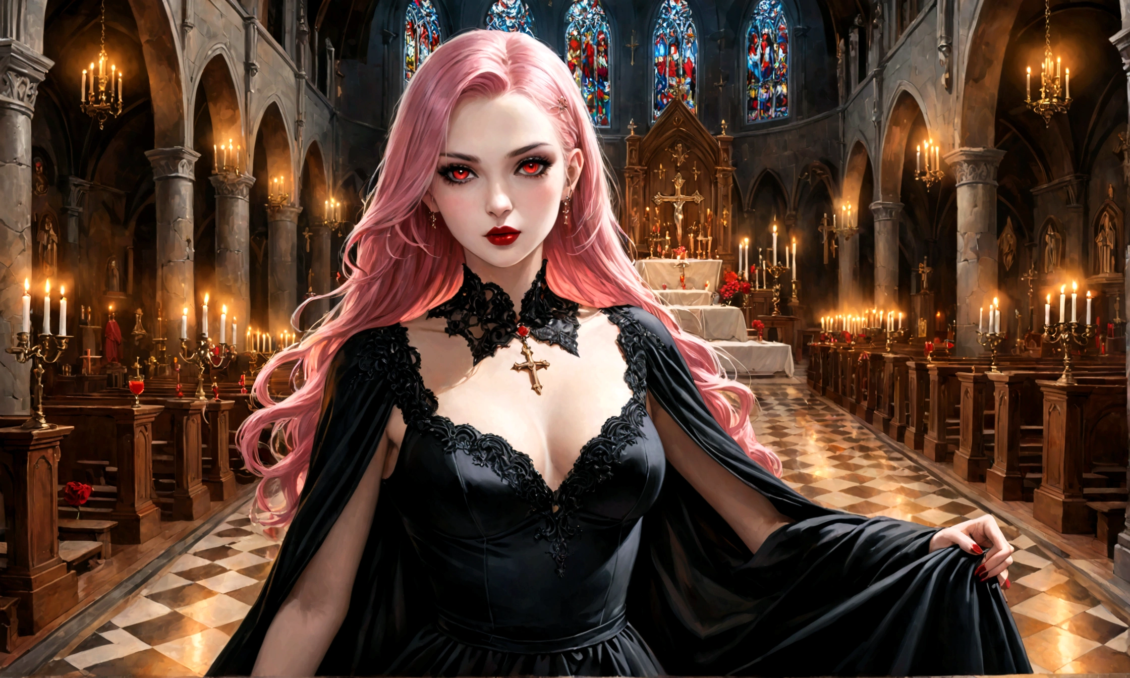 Arafed, dark fantasy art, glamour shot, award winning shot, photorealistic, a portrait of a female vampire drinking a glass of blood,, pink hair, long hair, red lips, glowing eyes, there is an imprint of white rose, dynamic color, she wears, an elegant (black dress: 1.5), catholic church and altar background, bar background, 16k, ultra detailed, masterpiece, best quality, (extremely detailed), Dark Art Painting Style