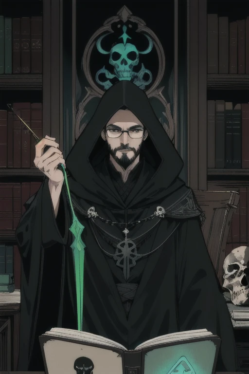 1 man, dark toned skin, black short hair, brown eyes, black rimmed glasses, facial hair, stubble beard, black wizard robes with hood, evil necromancer magic, handsome, brown skin tone, neon green, neon teal magics, looking at viewer, arrogant, smirking, magic runes, best quality, half body portrait, casting magics, posing, bookcase in background, books with skulls, evil anime villian, handsome man