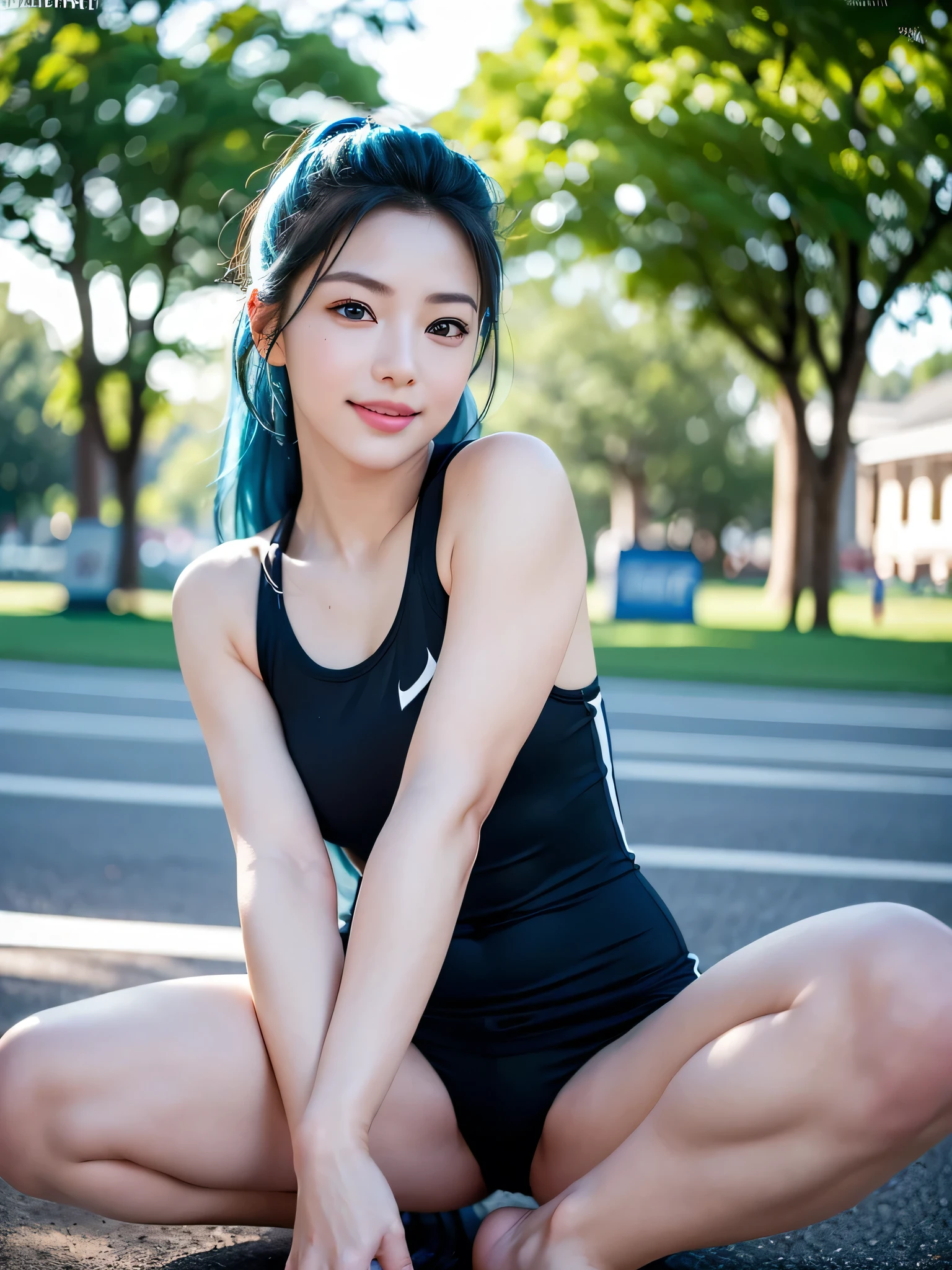 (((sfw:1.5)))、Running in the park、athlete、Track and field athlete、100M runner、round face、Baby Face、Cute Smile、Sunburn、  Highest quality soft lighting,Blue hair color、 ((realistic perfectly round brown_eye:1.3、Big Eyes、Dripping eye)) (highest quality: 1.4), (Ultra HD: 1.2), (Photorealism: 1.4), (8k, RAW Photos: 1.2), (Sharp focus: 1.4) 、 (((Anatomically correct)))、（Perfect Body Proportions)、(Natural Hands、Natural Fingers、Natural Legs)