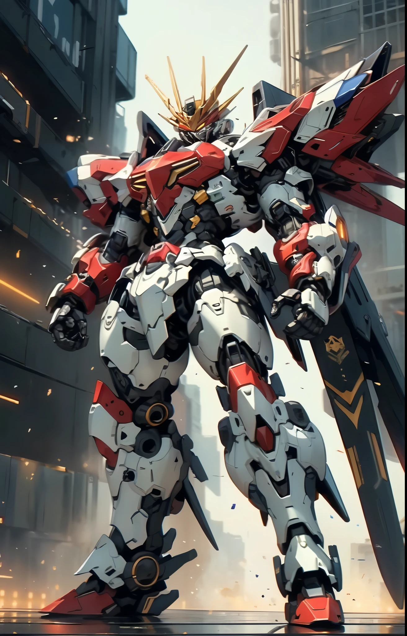 Humanoid Mecha, fully enclosed shoulder guards, matching arm and leg guards, full body, full armor, the design balances heavy with agility, (the color scheme is primarily white with red and blue accents, the concept Inspired by Super robot, organic biotech armor, standing, floating high above the futuristic sci-fi city), exquisite and mature art style, (aura effect, energy, glowing eyes, the armor glows), ((SRS)), metallic, dynamic, dramatic, high definition, best quality, highres, ultra-detailed, ultra-fine painting, extremely delicate, professional, perfect body proportions, anatomically correct, symmetrical face, extremely detailed eyes and face, high quality eyes, creativity, RAW photo, UHD, 32k, Natural light, cinematic lighting, masterpiece-anatomy-perfect, masterpiece:1.5