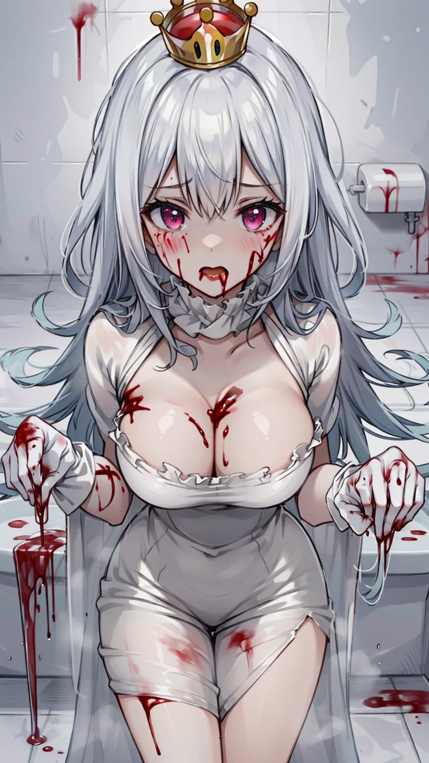 (masterpiece, best quality), intricate details,
1girl, Boosette_Mario, , long hair, white hair, long white dress, ballroom dress, white gloves,
indoors, bathroom, toilet, urinal, torn clothes, blood on face, scared, (purple eyes), (drenched on Blood), (((bath on Blood))), (((Blood))), (((Blood on ))), (((breastsd on Blood))), (((bleeding breasts))), ((on cleavage)))