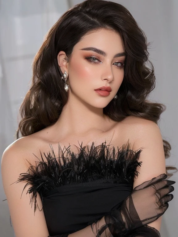 una mujer con un vestido negro con un top de plumas, belleza asombrosa, belleza asombrosa, julia sardinia, mirada sensual, ameera griega al taweel, hermosa mujer rusa, retrato de haifa wehbe, inspirado en Farid Mansour, cara sexy con maquillaje completo, mirada sexy, impresionante elegante, hermosa mujer hermosa, con maquillaje profesional