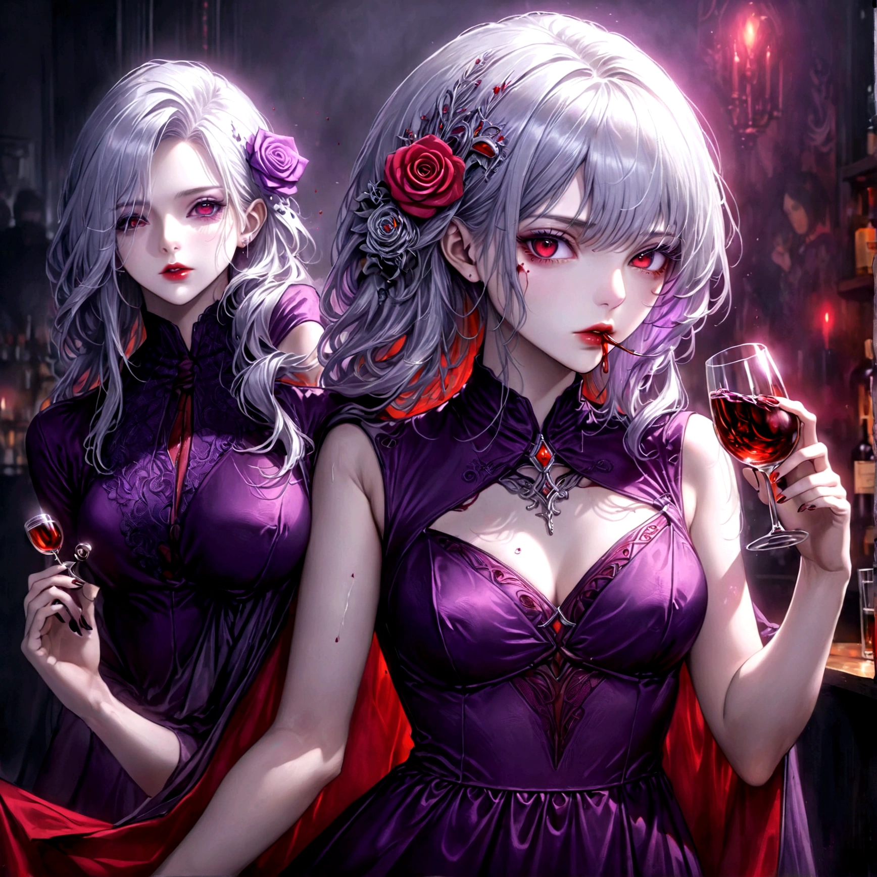 Arafed, dark fantasy art, glamour shot, award winning shot, photorealistic, a portrait of a female vampire drinking a glass of blood,, silver hair, long hair, red lips, glowing eyes, there is an imprint of ((white rose)), dynamic color, she wears, an elegant (purple dress: 1.5), cyberpunk bar background, 16k, ultra detailed, masterpiece, best quality, (extremely detailed), Dark Art Painting Style, GlowingRunesAI_red