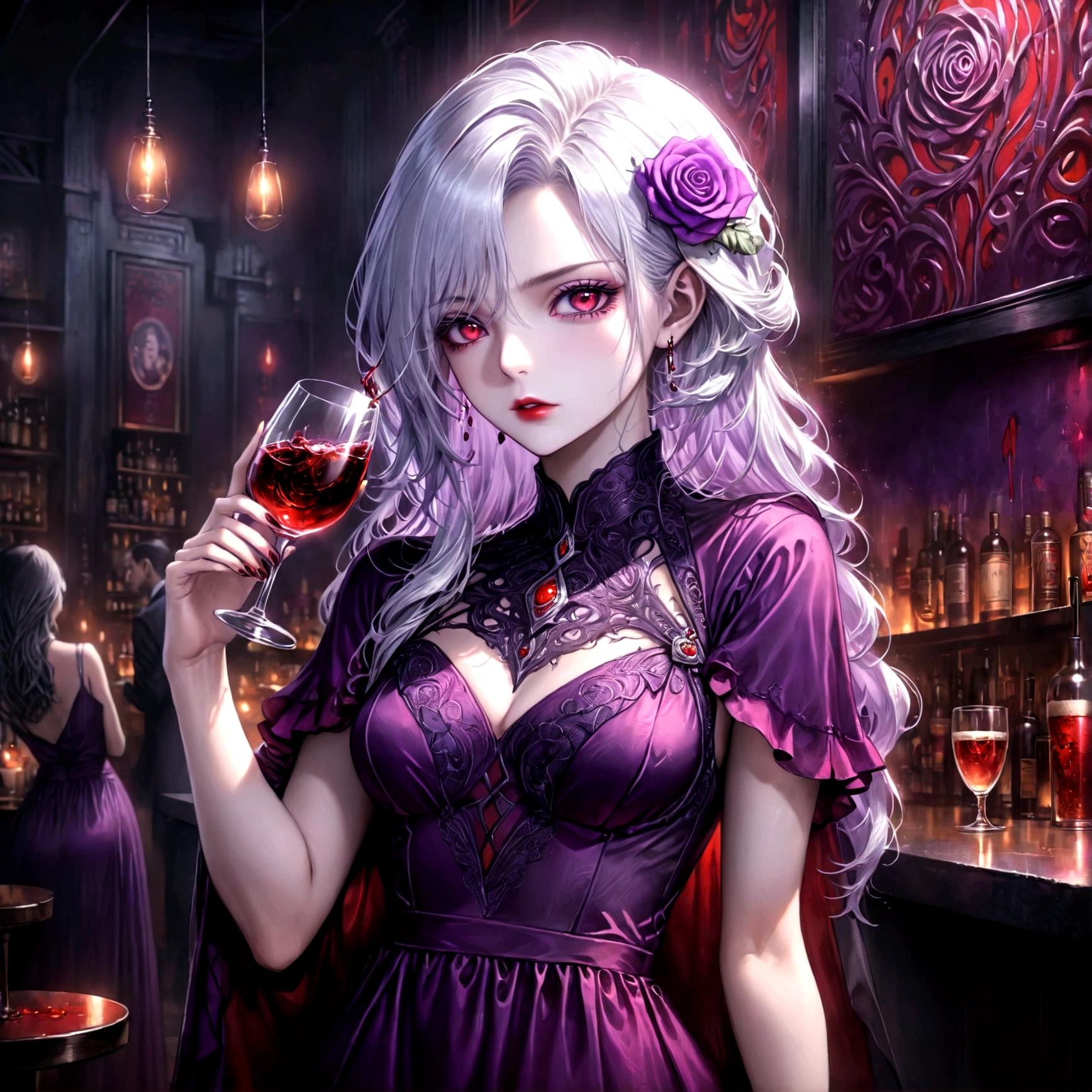 Arafed, dark fantasy art, glamour shot, award winning shot, photorealistic, a portrait of a female vampire drinking a glass of blood,, silver hair, long hair, red lips, glowing eyes, there is an imprint of ((white rose)), dynamic color, she wears, an elegant (purple dress: 1.5), cyberpunk bar background, 16k, ultra detailed, masterpiece, best quality, (extremely detailed), Dark Art Painting Style, GlowingRunesAI_red