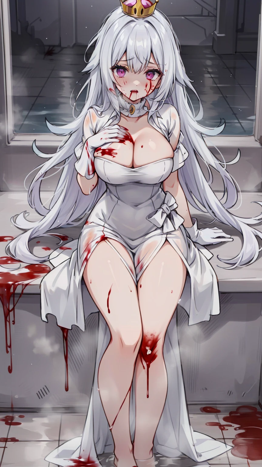 (masterpiece, best quality), intricate details,
1girl, Boosette_Mario, , long hair, white hair, long white dress, ballroom dress, white gloves,
indoors, bathroom, toilet, urinal, torn clothes, blood on face, scared, (purple eyes), (drenched on Blood), (((bath on Blood))), (((Blood))), (((Blood on breasts))), (((breasts covered on Blood))), (((bleeding breasts))), (((Blood on cleavage)))