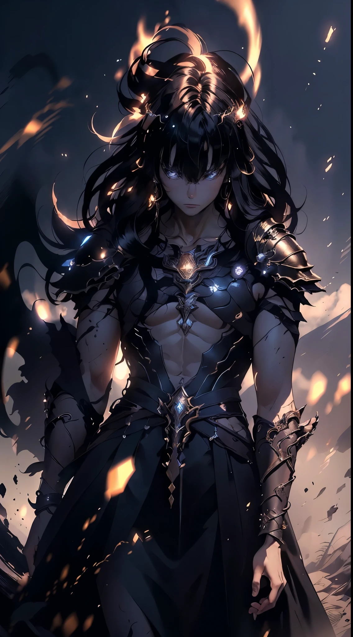 1 boy with delicate features wearing an Elden ring style RPG armor, glowing golden energy, ((long dark hair)), ((indian bangs)), (best quality,4k,8k,highres,masterpiece:1.2),ultra-detailed,(realistic,photorealistic,photo-realistic:1.37),fantasy,character art,concept art,dramatic lighting,volumetric lighting,intricate details,cinematic composition,vibrant colors,mystical,ethereal