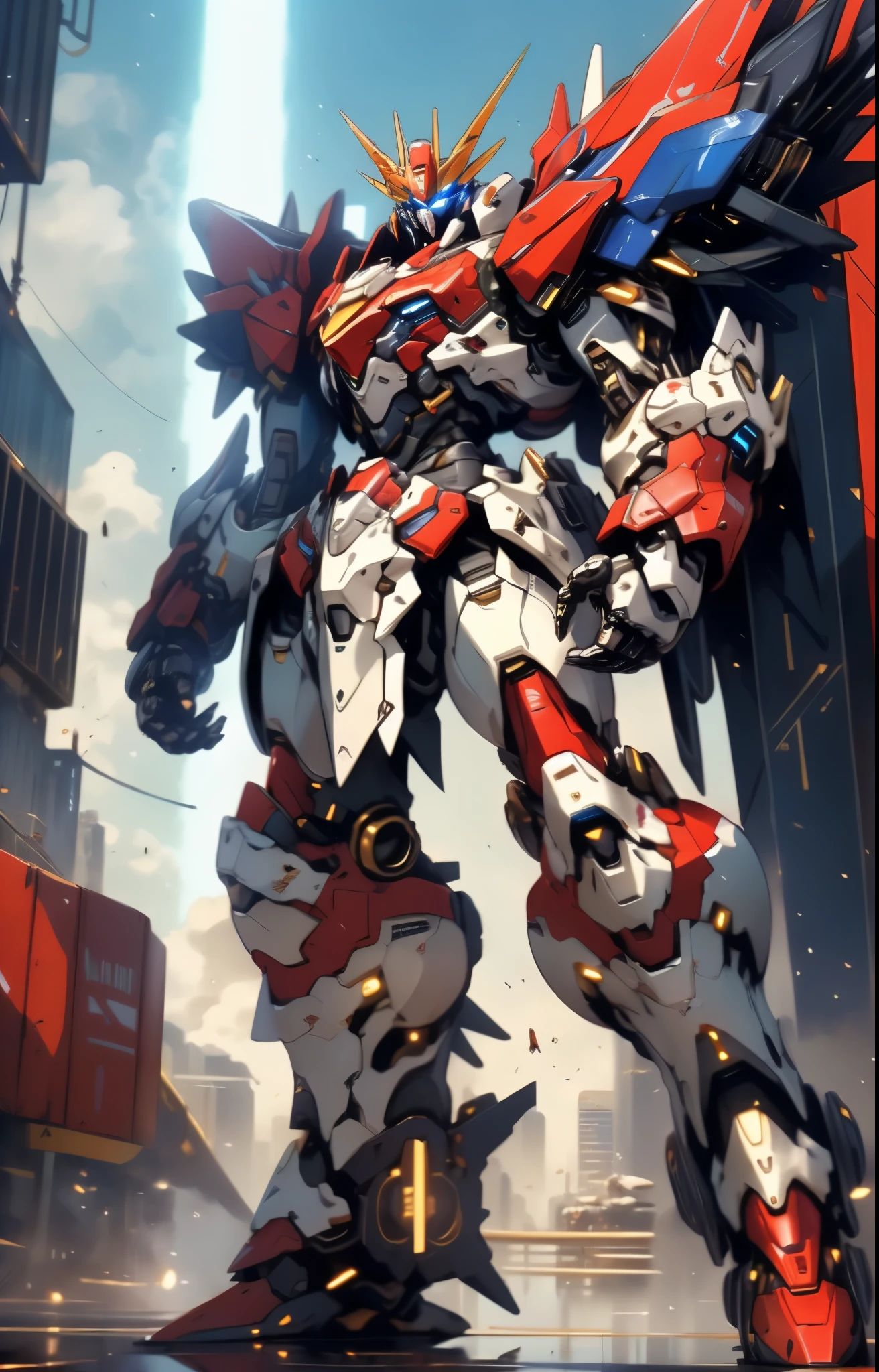 Humanoid Mecha, fully enclosed shoulder guards, matching arm and leg guards, full body, full armor, the design balances heavy with agility, (the color scheme is primarily white with red and blue accents, the concept Inspired by Super robot, organic biotech armor, standing, floating high above the futuristic sci-fi city), exquisite and mature art style, (aura effect, energy, glowing eyes, the armor glows), ((SRS)), metallic, dynamic, dramatic, high definition, best quality, highres, ultra-detailed, ultra-fine painting, extremely delicate, professional, perfect body proportions, anatomically correct, symmetrical face, extremely detailed eyes and face, high quality eyes, creativity, RAW photo, UHD, 32k, Natural light, cinematic lighting, masterpiece-anatomy-perfect, masterpiece:1.5