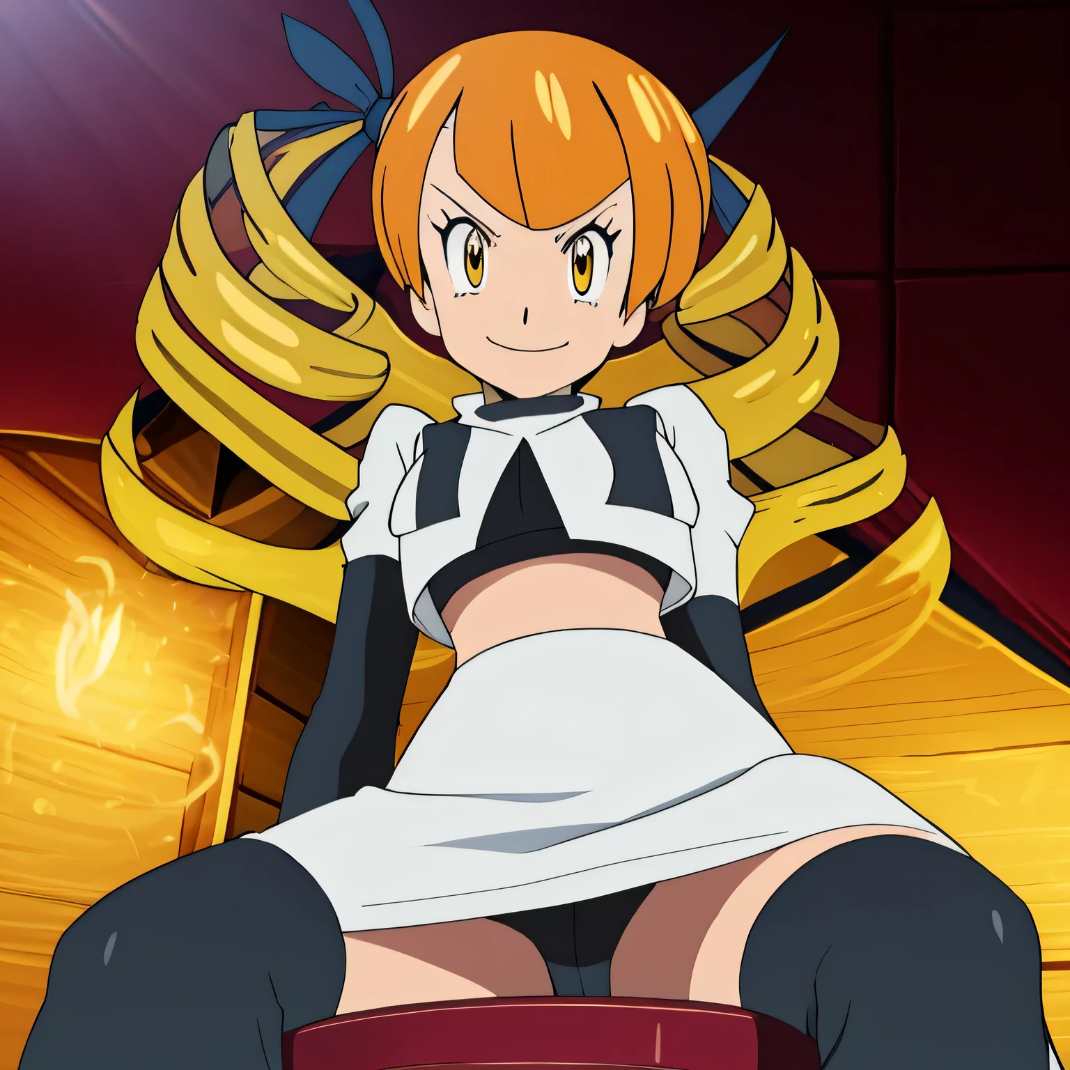 masterpiece,best quality,high res,high quality,8k, masterpiece,highres, team rocket uniform, red letter r, white skirt,white crop top,black thigh-high boots, black elbow gloves,evil smile, looking down at viewer, hands on hips, cowboy shot, zettai ryouiki,sitting on toilet.spread legs,from below, black panties,anime art style,detailed facial features, highly detailed, 8k, photorealistic, vibrant colors, dramatic lighting, cinematic composition,vivid colors, sharp focus, intense lighting,Mariabell Crois,yellow hair, drill hair, twin drills, (long hair:1.1), very long hair,, hair ornament, orange eyes