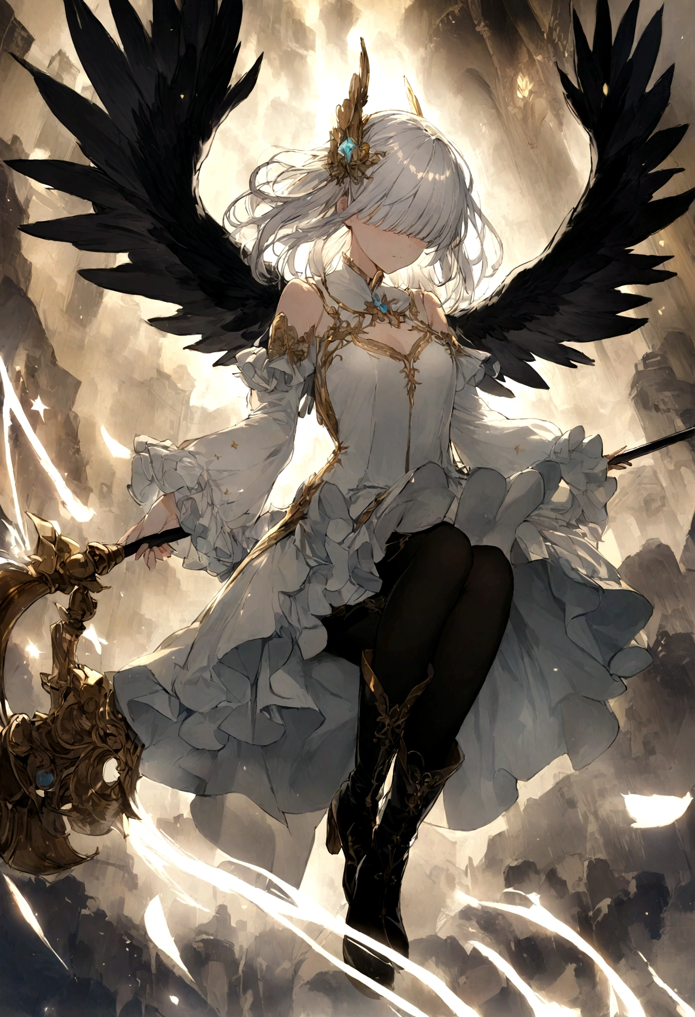 1girl, magical, stars, black and white pastel dress, ruffle sleeves, glowing, white hair, tights that go a little above the knee, heel boots, hair ornaments covering eyes, ribbons, dark wings, magical, detailed, gold magical scythe