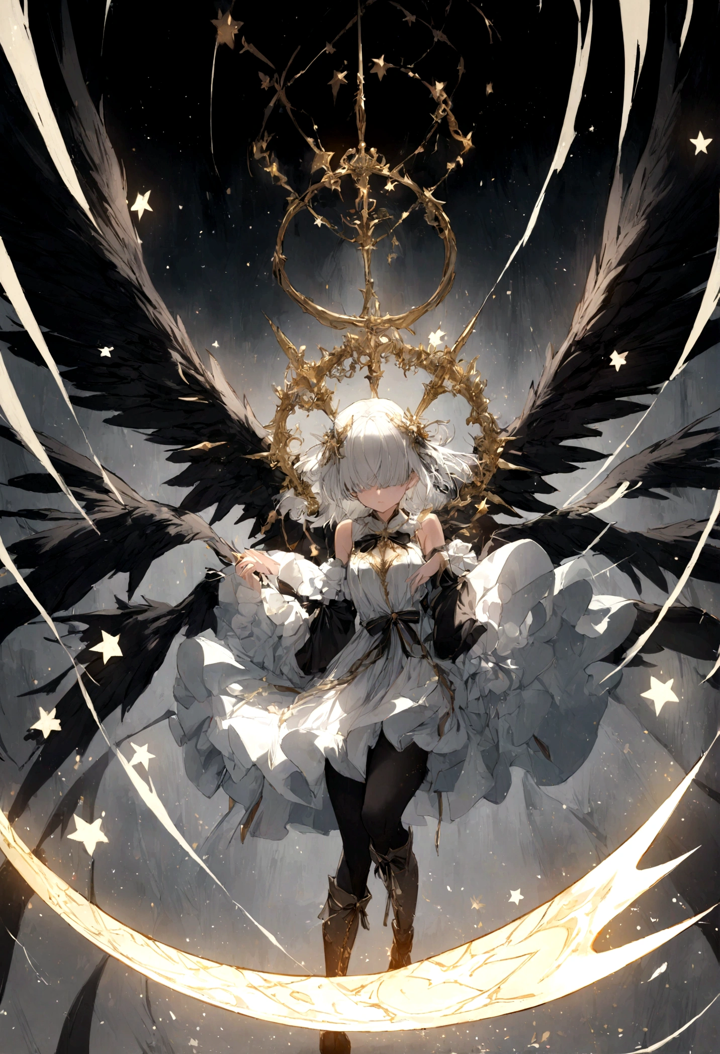 1girl, magical, stars, black and white pastel dress, ruffle sleeves, glowing, white hair, tights that go a little above the knee, heel boots, hair ornaments covering eyes, ribbons, dark wings, magical, detailed, gold magical scythe