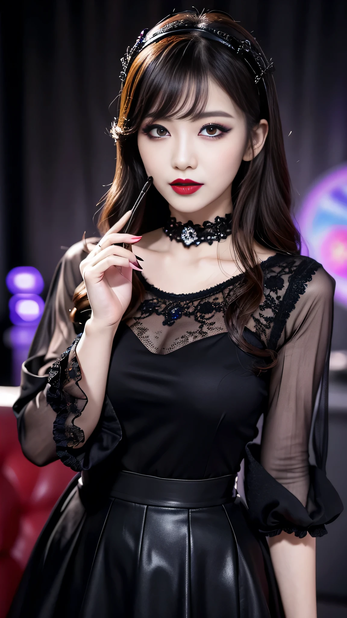 best quality、ultra-detailed、8k、Japanese、Japanese、Seductive beauty、seductive adult woman、Pretty Woman、cool girl、Villainess、brainwash makeup、Brainwashed、brainwash、Fallen into evil、smirk、Evil look、Wicked Smile、evil、Brown hair、wavy hair、swept bangs、dark makeup、dark makeup、piercing eyes、hollow eyes,half-closed eyes、Hollow Eyes、purple Eyeshadow、black lipstick、black lipglos、Lace fabric、black party dress、Wide sleeves、flare skirt、night、inside darkroom、Are standing、Look、Offer、shoot from below、Make up、Have lipstick、Swear allegiance、I have pledged my allegiance、Seduce、Evil female executive、Female Combatant