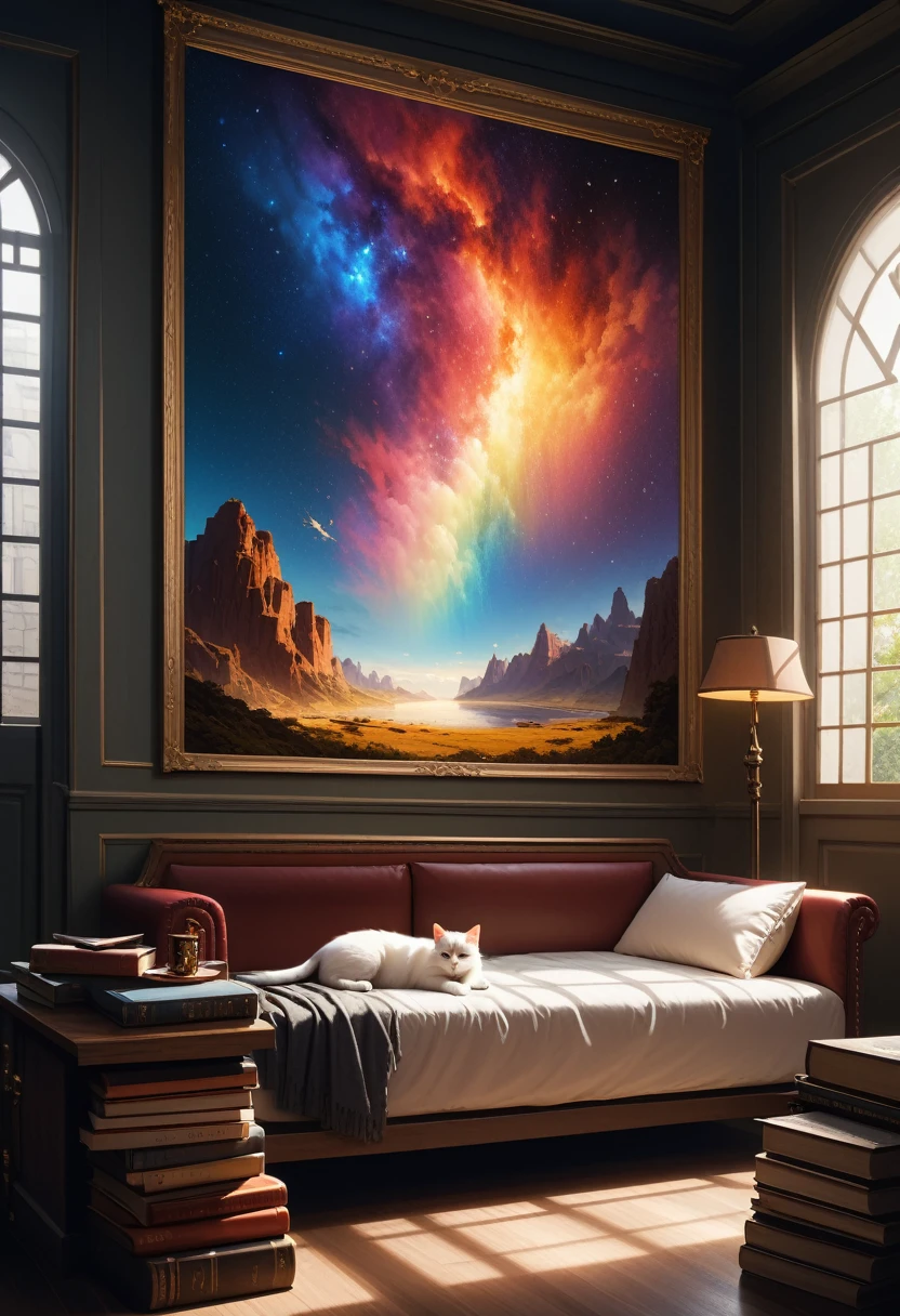 (Panorama, center, masterpiece, highest quality: 1.2), (8K, Raw photo, highest quality), ((masterpiece:1.2)), Realistic, Ultra-high resolution, High Contrast, Photon Mapping, Bright colors, Real, Ultra-detailed, Very detailed, Raw photo, Genuine, Official Art, RAW Photos, Professional Lighting, Light, Professional Writing, twiceLight, Vivid atmosphere, High-definition CG, Unity8k), Sunny day in the rainy season、A brilliant light shines on the deep sea.、The ancient city is shown、Against its background、A girl is relaxing、Relaxing with a cup of hot tea。Beside it、There is a white kitten。Books, globes and other items are displayed in a Renaissance-style room.。Pale blue gradient。An atmosphere that exudes the excitement of adventure。An atmosphere that makes you feel happy and joyful。 High Fantasy Worldview。 A magnificent composition。Beautifully depicted with the golden rule。 Guardian nebula of rainbow light and silvery vapor。Corrosive Encirclement Ray Family Color。 Slimy air。