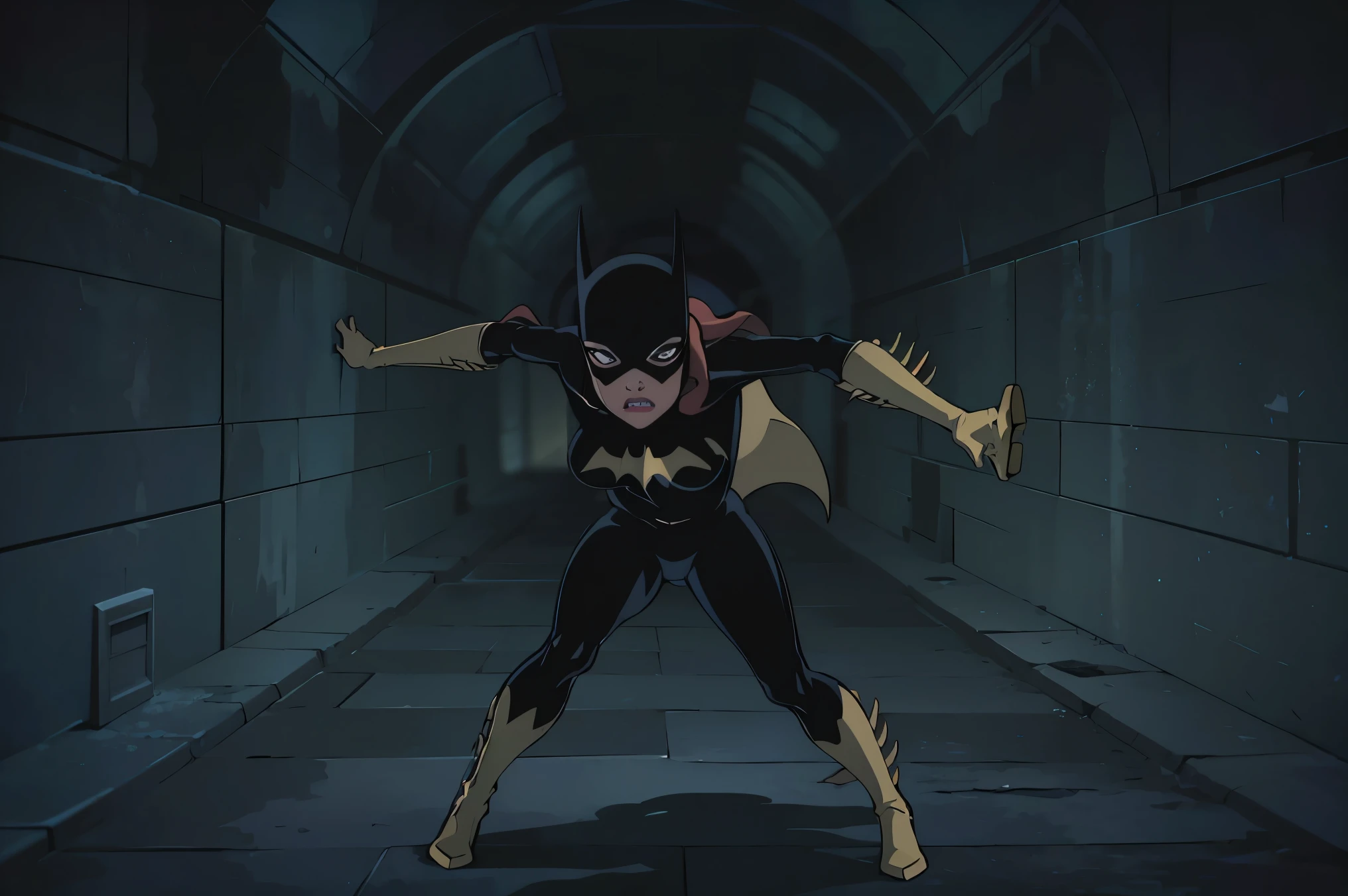 ((full body view)), Batgitlfit, cabelos muito longos, cabelos ruivos, cabelo entre os olhos, rabo de cavalo alto, Fechaduras laterais, olhos azuis, batgirl, roupas brilhantes, body impossible, pele apertada, saia, Olhando para o Viewer apavorada, (pernas musculosas:1.3), ((Ela esta correndo,dentro da batcaverna,acrobatic pose, ))
