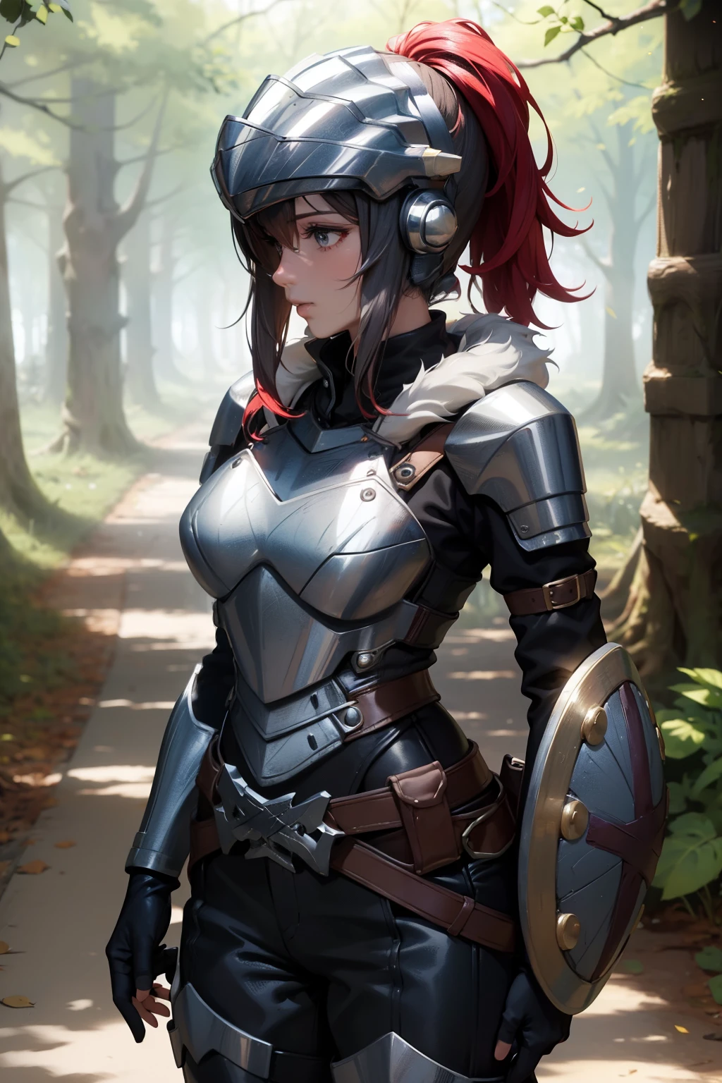 (masterpiece), best quality, elmo ,  highres, 1 girl, solo, (female body:1.3), goblin-slayer girl , elmo, fur trim, armor, pants, fingerless gloves, outdoor , shield , forest, trees, standing, portrait, 