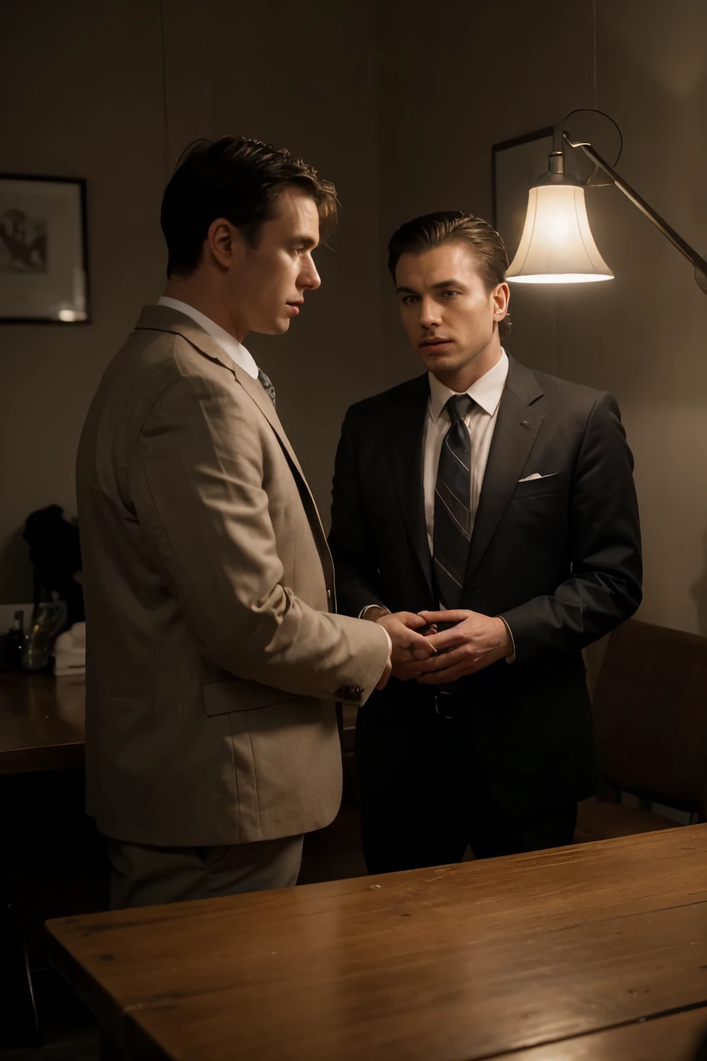 Two men in an interrogation room. One of the men is a government agent wearing a suit, the other man is wearing a straitjacket. The two men are facing each other, but far apart. The metal table in the room is large. The room is only lit by a single lamp. The environment is gloomy.  The image shows the scene from the side. (The Image has a film noir aesthetic). (The image has earthy tones and low quality as if it were filmed in a low light environment). (The image has a lot of grain). (hyper-realistic).