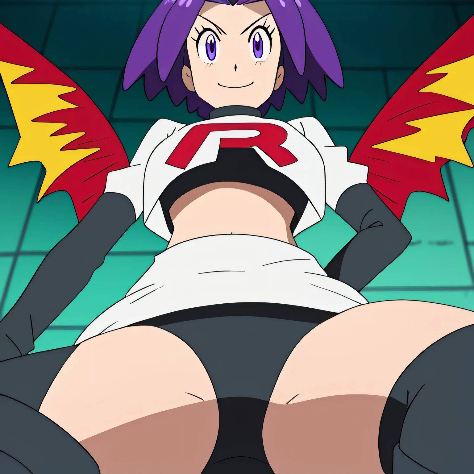 Colorful , masutepiece, Best Quality, 1girl in, , purple hair, middle hair, spike hair, Evil Female Executive, Goth Lolita Costume, a miniskirt, White stockings, Large red ribbon, a choker, White inner, black clothes, bkack boots, bat wings, , from below, looking at viewer, trample on viewermmasterpiece,best quality,high res,high quality,8k, masterpiece,highres, team rocket uniform, red letter r, white skirt,white crop top,black thigh-high boots, black elbow gloves,evil smile, looking down at viewer, hands on hips, cowboy shot, zettai ryouiki,sitting on toilet.spread legs,from below, black panties,anime art style,detailed facial features, highly detailed, 8k, photorealistic, vibrant colors, dramatic lighting, cinematic composition,vivid colors, sharp focus, intense lighting,
