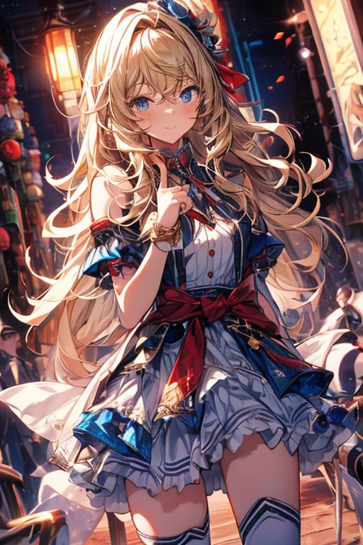 (masterpiece, highest quality:1.2), Cowboy Shot, alone, One girl, Sheryl Nome, smile, Mouth closed, View Viewer, dress, skirt, Knee socks, Blonde Hair