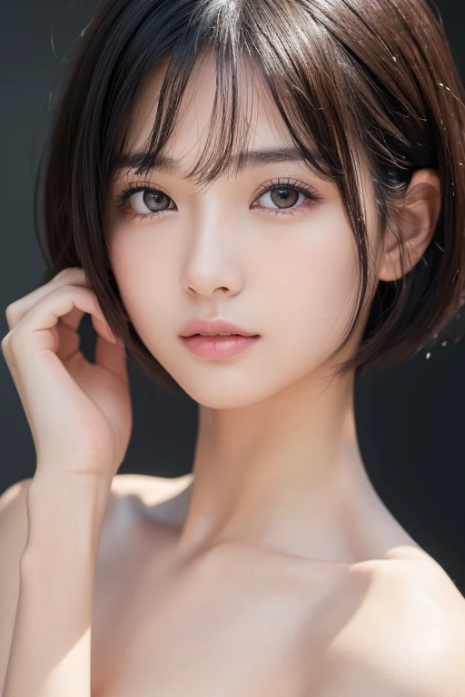 (High resolution:1.3), (16k, Photorealistic, Raw photo, Best image quality: 1.4), Japanese, (One Girl), Beautiful Face, (A vivid face), (Black-haired、short hair:1.3), Beautiful Hairstyles, Realistic eyes, Beautifully detailed eyes, (Realistic Skin), Beautiful skins, attractive, 超A high resolution, Surreal, High detail, Golden Ratio, Highly detailed cute girl,(20-year-old),  ((Completely naked)), Hand on chin