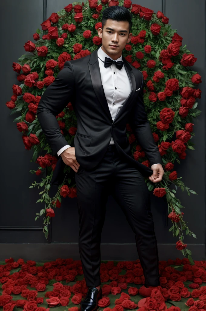 a young man, Indonesian, age 20, perfect face, sharp nose, beautiful lips, perfect body, natural muscles, full body, dashing, slim body, abdominal muscles, A young asian man with short dark hair wearing a black tuxedo surrounded by red roses