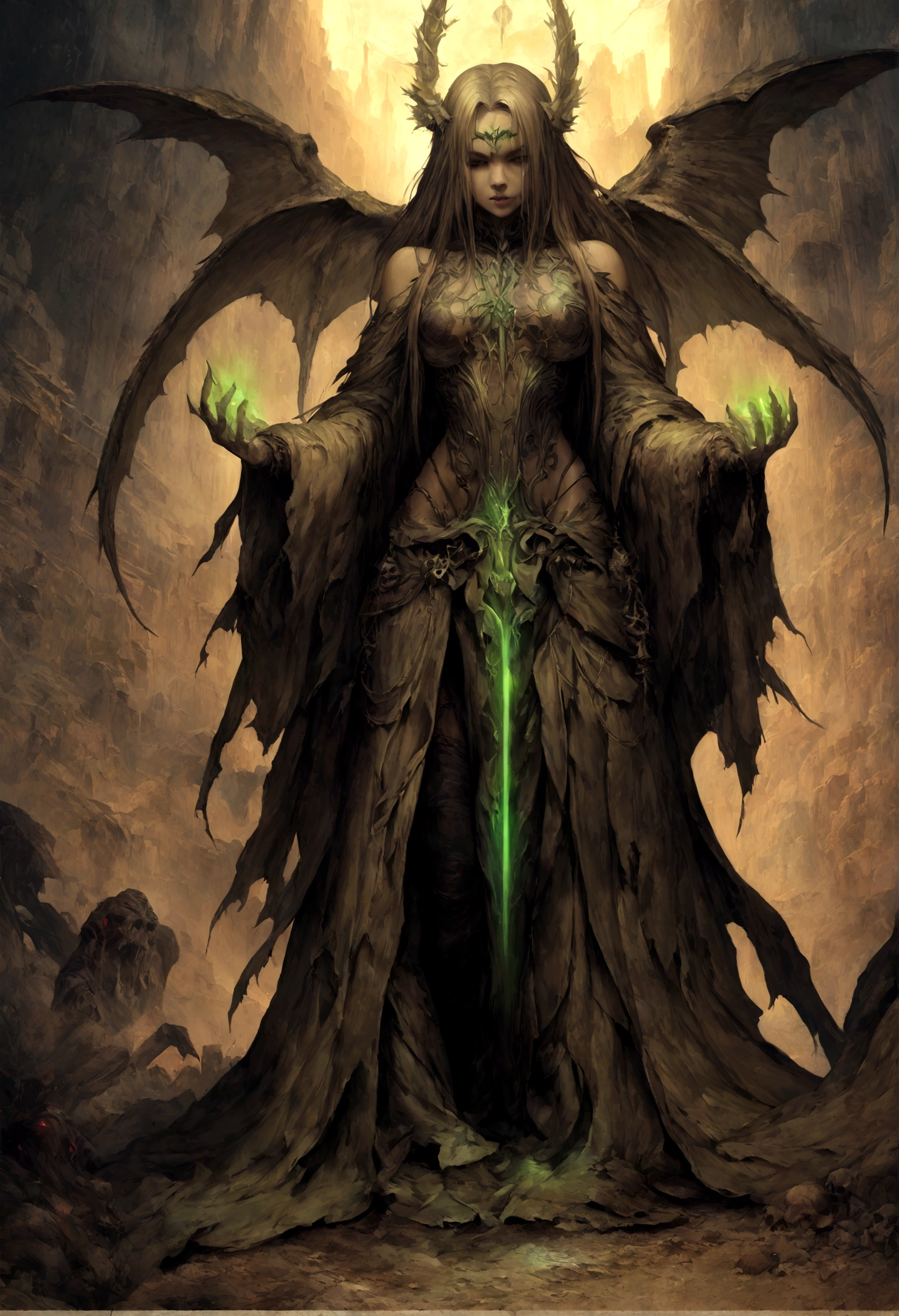 The ritual of The Queen of the Damned, Depressed Side of Humanity, by Alberto Seveso, Luis Royo and HR Giger, artstation, Dark, and highly detailed digital painting of a group of necromancers summoning a powerful undead creature, with a greenish glow and occult symbols in the background in the style of art by zdislav beksinski and wayne barlowe, the image should have a sharp focus, Intricate details, and be trending on artstation.