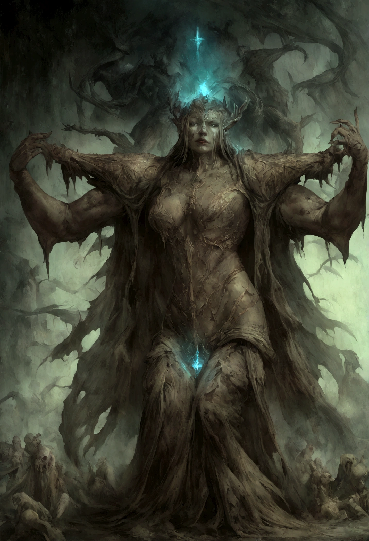The ritual of The Queen of the Damned, Depressed Side of Humanity, by Alberto Seveso, Luis Royo and HR Giger, artstation, Dark, and highly detailed digital painting of a group of necromancers summoning a powerful undead creature, with a greenish glow and occult symbols in the background in the style of art by zdislav beksinski and wayne barlowe, the image should have a sharp focus, Intricate details, and be trending on artstation.