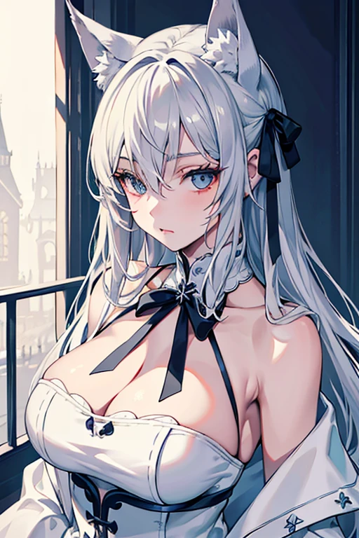 best qualtiy，tmasterpiece，The is very detailed，4K，Gray hair and shallow eyes，Drag cool expressions，Wolf ears，Erect scar on the left eye，British style，1girl，Absolutely beautiful, big bust, white costume, ear ribbon