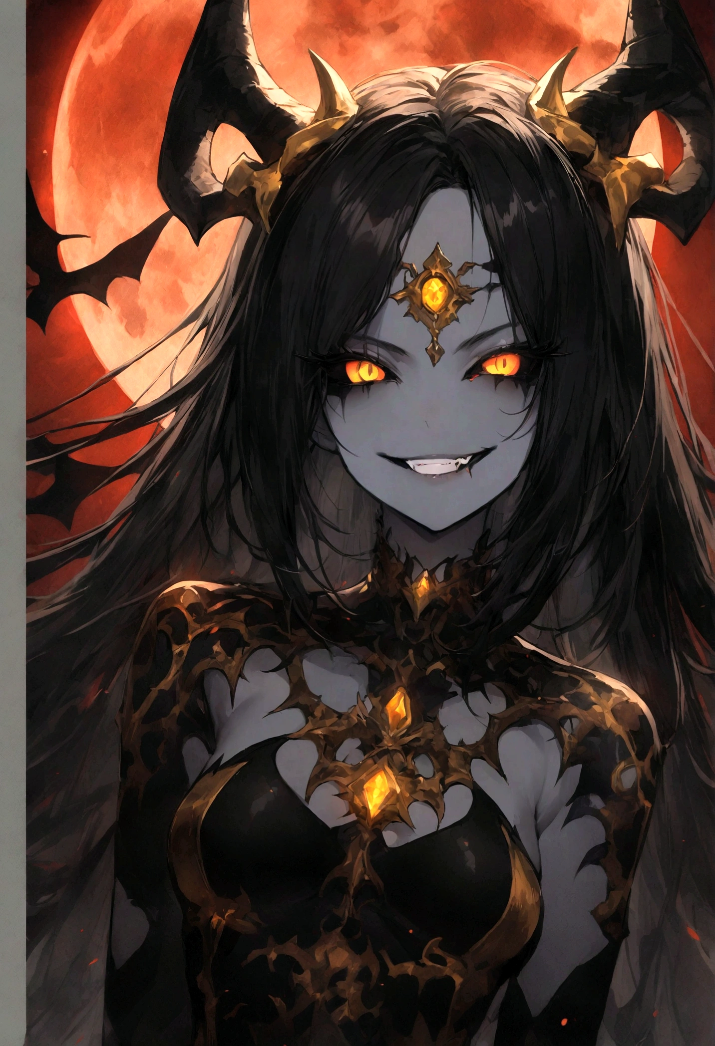 Demon queen, pale skin, black sclera, glowing yellow eyes, golden headpiece, dark red crystal on forehead long dragon horns, long black hair, blood moon background, wicked smile, dark, onimous