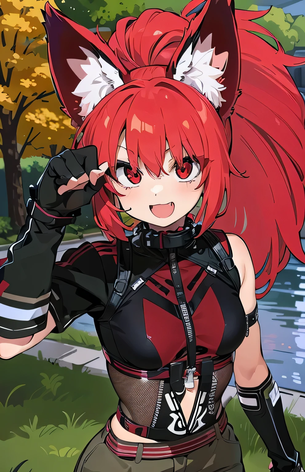 masterpiece, best quality, {{{masterpiece}}},vibrant hair, smiling,long red hair, fox ears, neon red hair, ponytail, big ponytail, beautiful girl, red eyes, looking at viewer, looking at camera, outdoors, black collar, small breasts, nimble figure, small stature, cute, curved bangs, fluffy ponytail, collar, quality hands, fingers, studded collar, grey pants, open mouth, smug, mesugaki