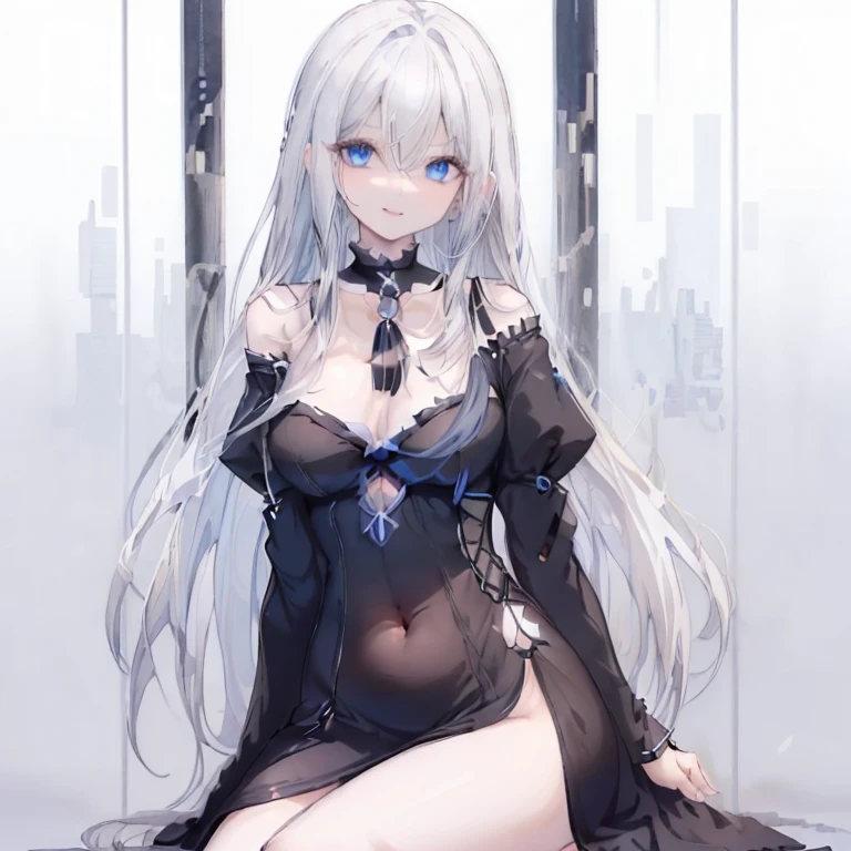 1 girl、Mature、Ample breasts、White Hair、Long Hair、Blue Eyes、Sharp Eyes、Black Dress、Shoulder Bare、Belly button、choker、Leaning forward、sit、Thighs、A seductive smile、Charm、beautiful、High resolution、highest quality