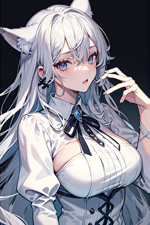 best qualtiy，tmasterpiece，The is very detailed，4K，Gray hair and shallow eyes，Drag cool expressions，Wolf ears，Erect scar on the left eye，British style，1girl，Absolutely beautiful, big bust, white costume, ear ribbon