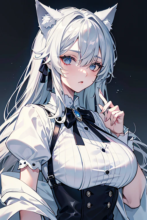 best qualtiy,tmasterpiece,The is very detailed,4K,Gray hair and shallow eyes,Drag cool expressions,Wolf ears,Erect scar on the left eye,British style,1girl,Absolutely beautiful, big bust, white costume, ear ribbon