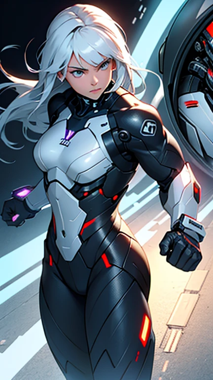 Beautiful cybernetic girl looking at camera in mobile cybernetic battle suit detailed muscles realistic masterpieces dynamic fighting poses
