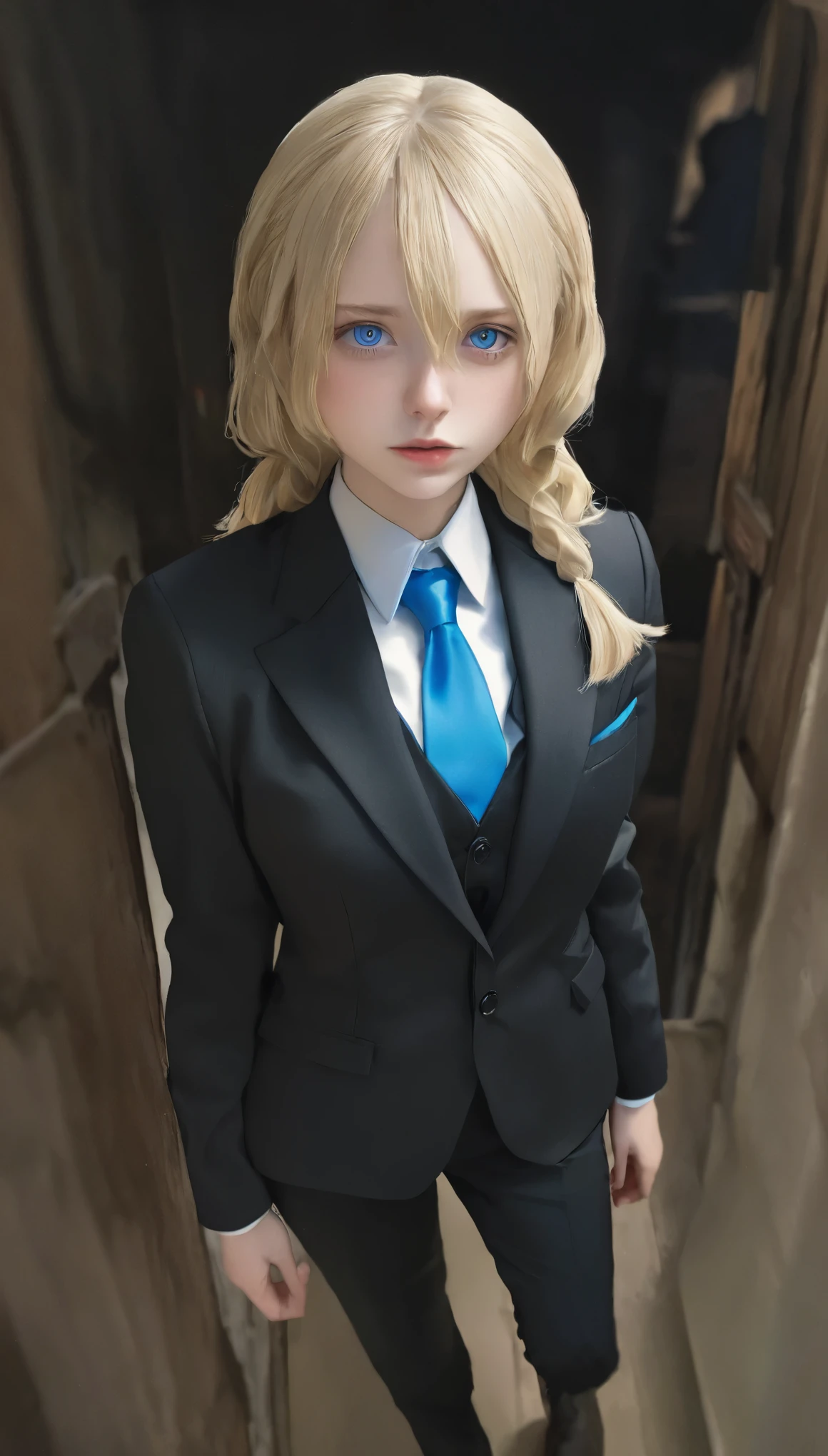 highest quality, masterpiece, Ultra-high resolution, (Realistic:1.4), RAW Photos, One girl, Blonde Hair, blue eyes,  Detailed eyes and face, Black suit, Dynamic Lighting, In the Dark, Deep Shadow, Modest, Full body shot of a cowboy