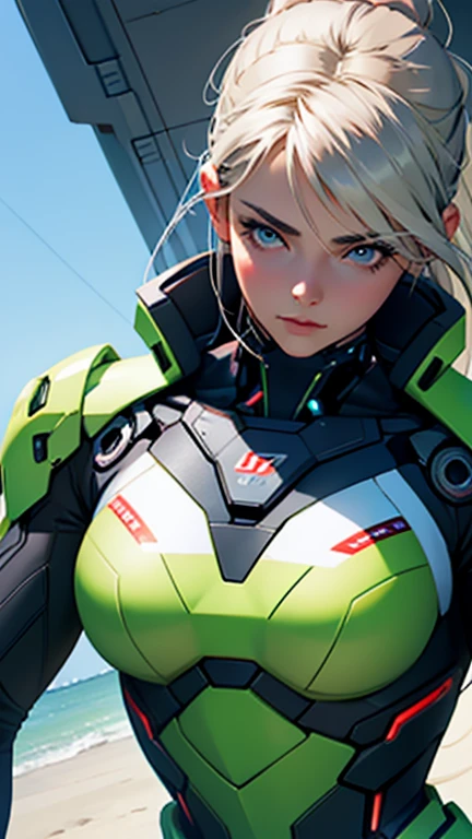 Beautiful cybernetic girl looking at camera in mobile cybernetic battle suit detailed muscles realistic masterpieces