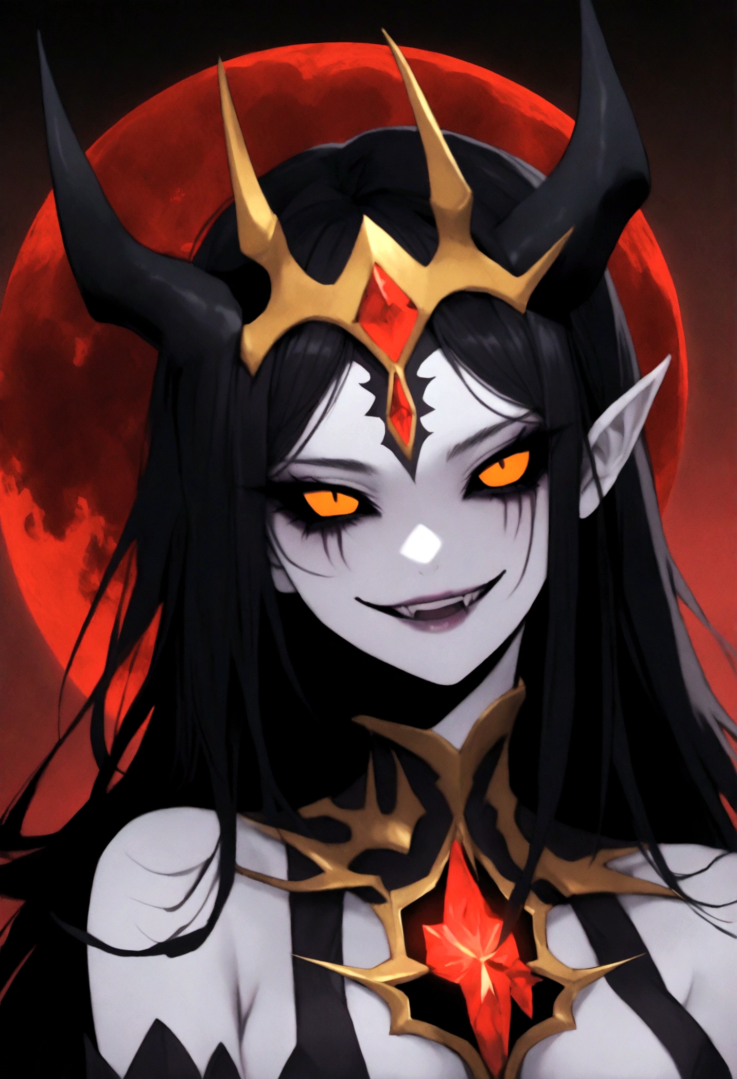 Demon queen, pale skin, black sclera, glowing yellow eyes, golden headpiece, dark red crystal on forehead long dragon horns, long black hair, blood moon background, wicked smile, dark, onimous