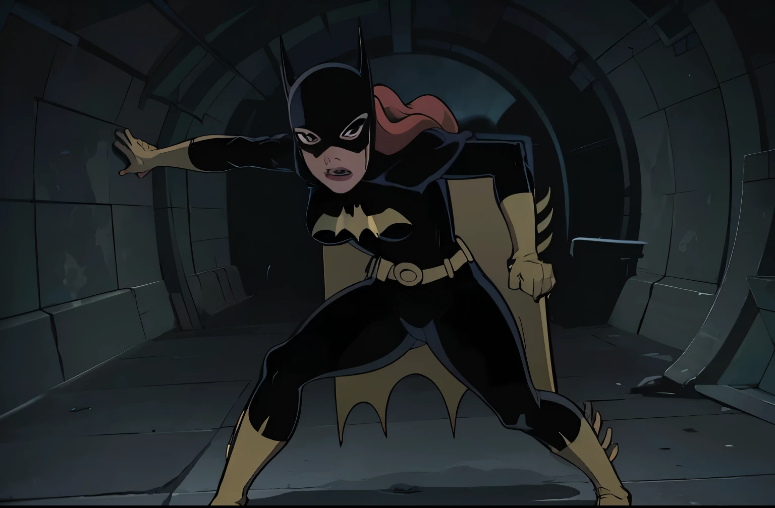 ((full body view)), Batgitlfit, cabelos muito longos, cabelos ruivos, cabelo entre os olhos, rabo de cavalo alto, Fechaduras laterais, olhos azuis, batgirl, roupas brilhantes, body impossible, pele apertada, saia, Olhando para o Viewer apavorada, (pernas musculosas:1.3), ((Ela esta rastejando de quatro patas,in the underground sewer,acrobatic pose))