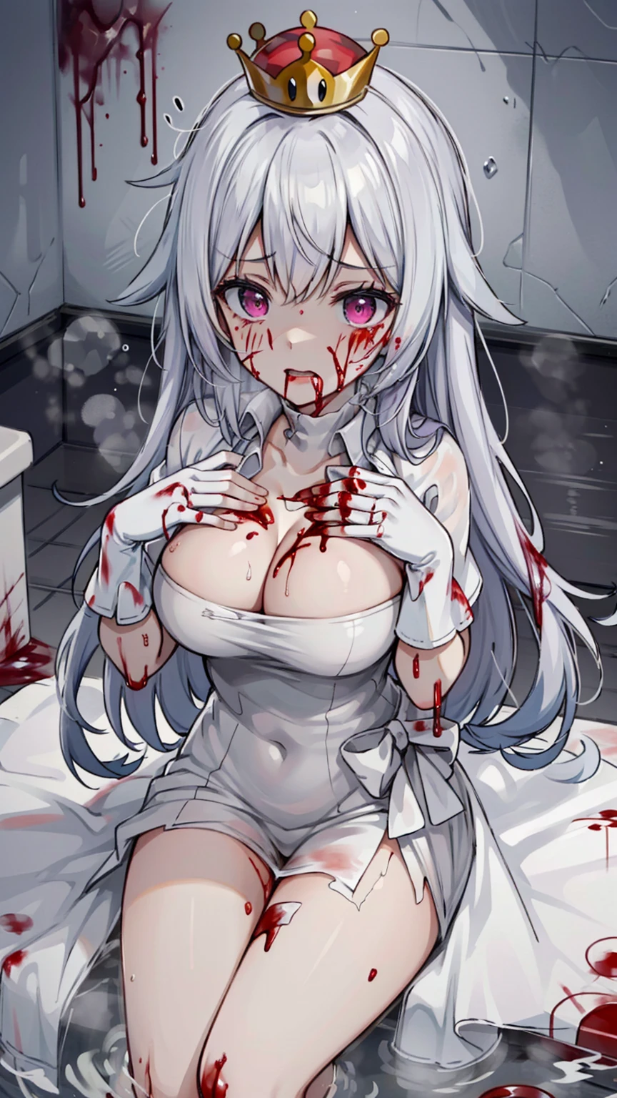 (masterpiece, best quality), intricate details,
1girl, Boosette_Mario, , long hair, white hair, long white dress, ballroom dress, white gloves,
indoors, bathroom, toilet, urinal, torn clothes, blood on face, scared, (purple eyes), (drenched on Blood), (((bath on Blood))), (((Blood))), (((Blood on breasts))), (((breasts covered on Blood))), (((bleeding breasts))), (((Blood on cleavage)))
