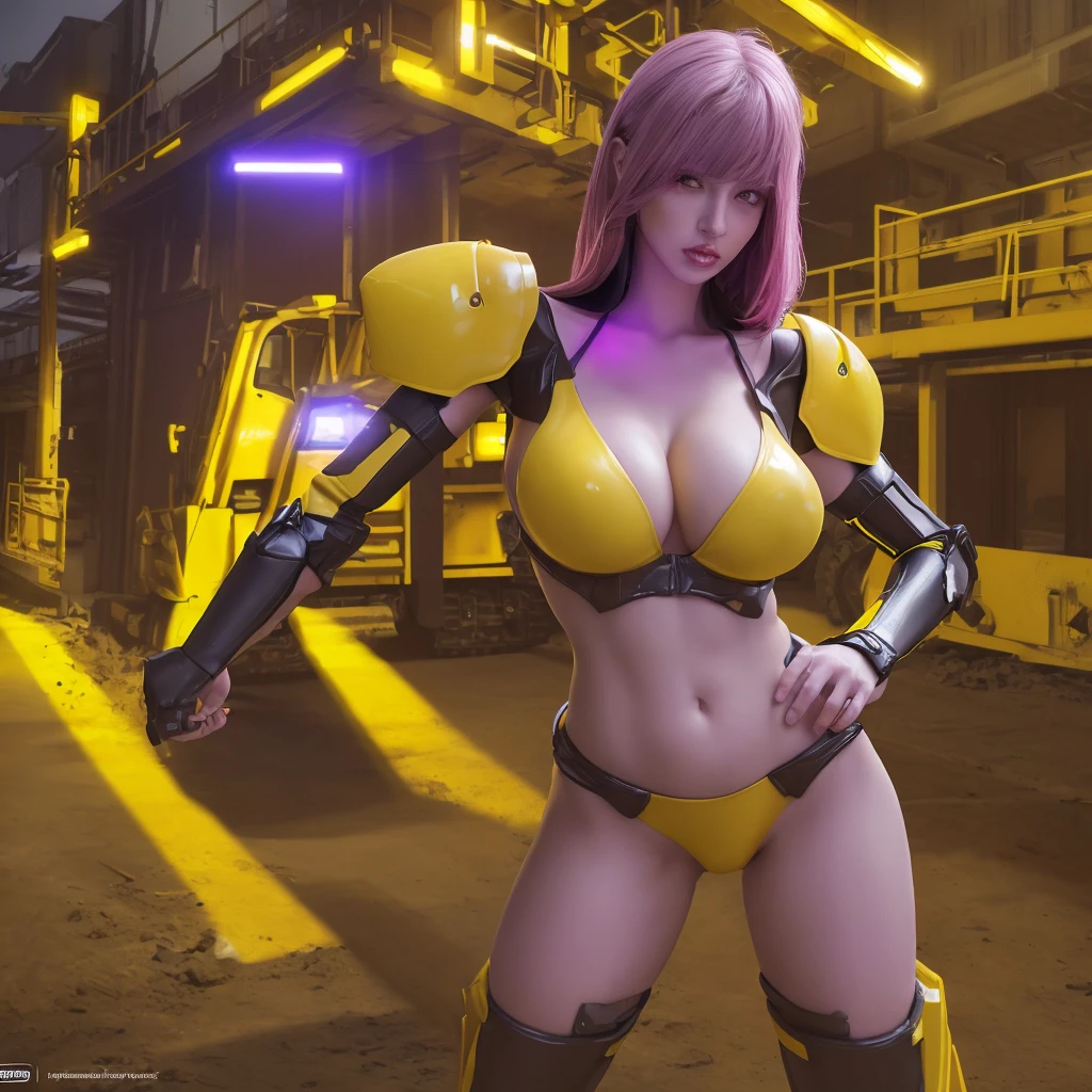 a sexy transformer woman, yellow bulldozer, seductive poses on work site, large breasts and butt, yellow paint scheme with purple highlights, pink lights, best quality, 4k, 8k, highres, masterpiece:1.2, ultra-detailed, realistic, photorealistic, photo-realistic:1.37, concept art, surreal, vibrant colors, dynamic lighting, dramatic shadows