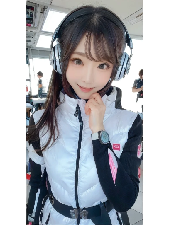 masterpiece, highest quality, Very detailed, 8K Portrait,Japanese Android Girl,plump , Control panel,Robotic arms and legs, Blunt bangs,,break (Metallic Gray, Metallic luster, Mirror finish, Astro Best):5,headphone:5,break (Black sleeves):100,Smart Watches,Futuristic space station,Control Room,break headphone,blue eyes,(Black Hair):2,(Long Hair):1.3,View the viewer,(respirator),break blush:3,Hidden Hand,smile