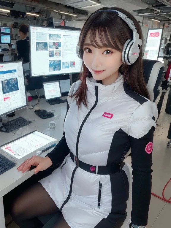 masterpiece, highest quality, Very detailed, 8K Portrait,Japanese Android Girl,plump , Control panel,Robotic arms and legs, Blunt bangs,,break (Metallic Gray, Metallic luster, Mirror finish, Astro Best):5,headphone:5,break (Black sleeves):100,Smart Watches,Futuristic space station,Control Room,break headphone,blue eyes,(Black Hair):2,(Long Hair):1.3,View the viewer,(respirator),break blush:3,Hidden Hand,smile