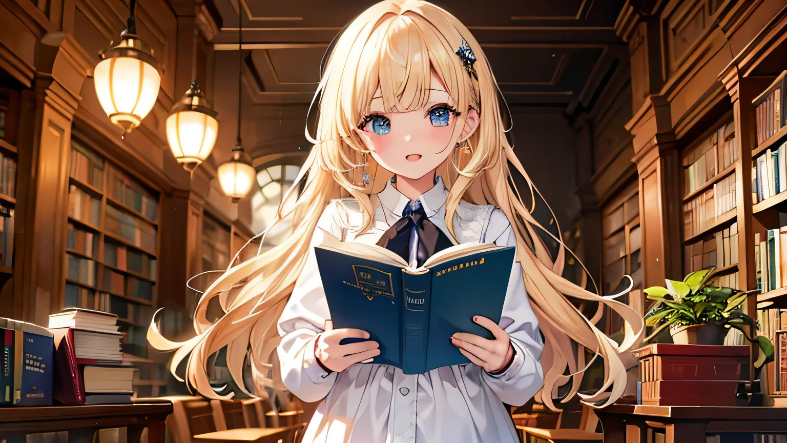 ((highest quality)), ((masterpiece)), (detailed), One girl, 、library、blonde、Smooth Hair、cry、Reading a book、