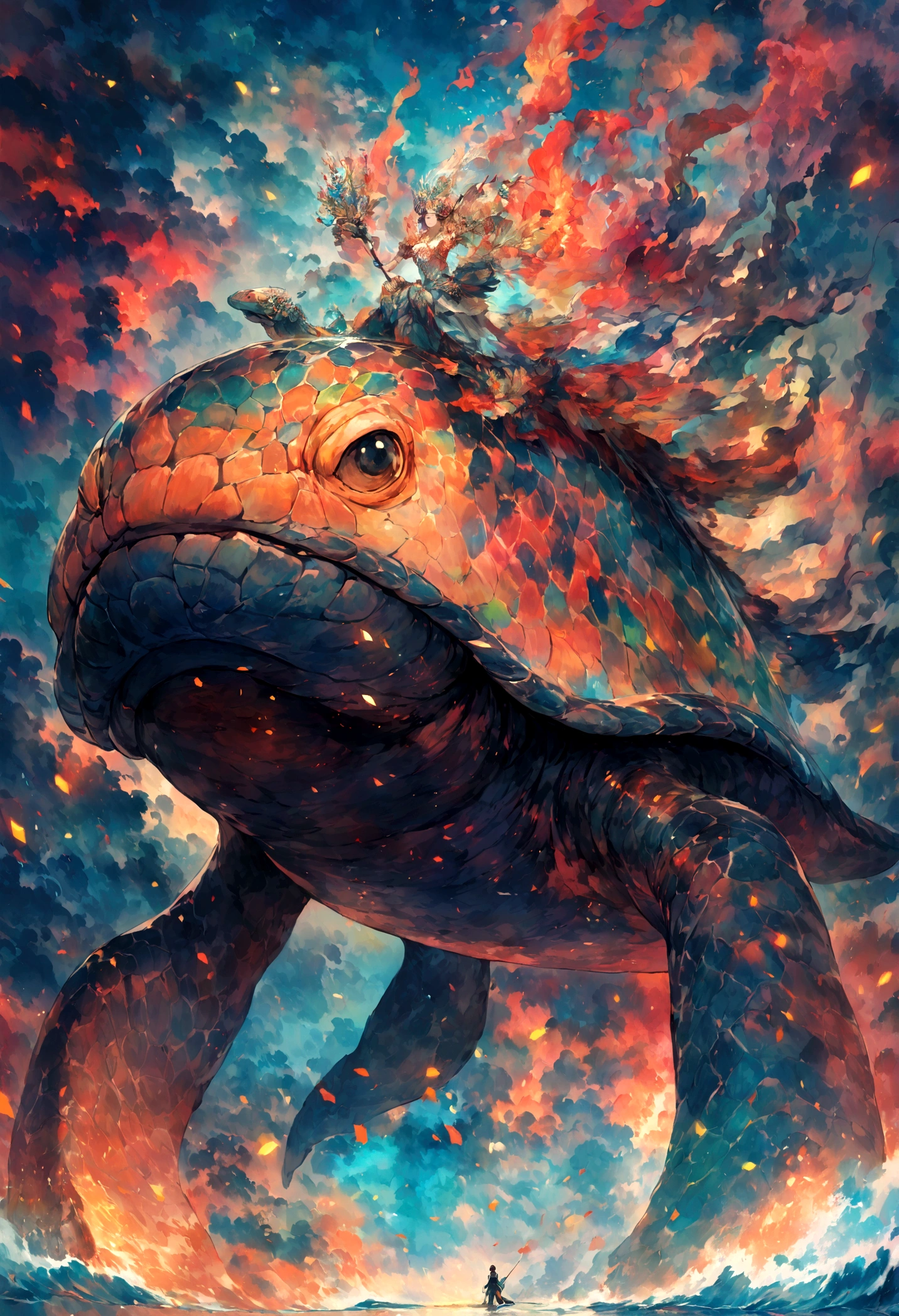 fisherman,riding on an anthropomorphic turtle,beautiful colorl,Stand on the sea,Fantastical colors