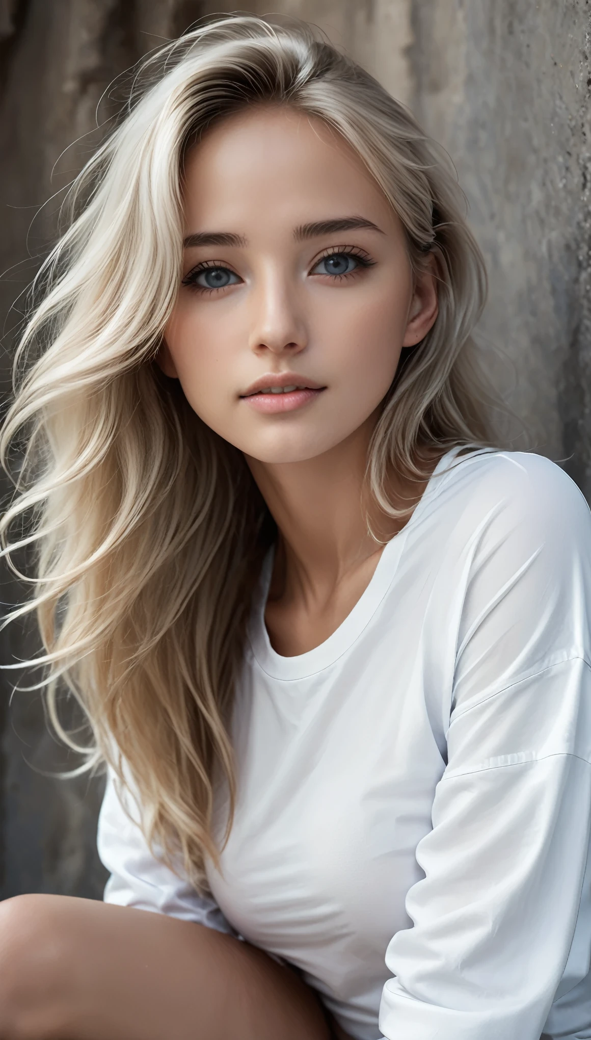 masterpiece, Best Quality, Realistic, mode fashion portrait, (1 girl, beautiful woman:1.2), (all body shot, fashion model, acrobatic pose:1.2),
BREAK
beautiful young, small head,
BREAK
(Detailed buttocks, Detailed legs, Detailed body line:1.6), (very slim waist:1.2), (beautiful Muscular legs, beautiful foot:1.4), (impossible clothes, firm large buttocks, firm huge breasts, exuding a sculptural beauty:1.3), cameltoe, White and beautiful Silky skin, thin and beautiful neck, small head, (all body shot, acrobatic pose, from below:1.2),
BREAK
white (snug-fitting sleeves T-shirt) crafted from innovative surface materials, featuring a minimalist design with strategic cutouts for a futuristic twist,
Pair with black 7/8 length cargo pants, adorned with oversized pockets and metallic hardware accents for an edgy vibe, BREAK small head, Detailed face, cute and Pretty slim face, Duck mouth, perfect beautiful Tooth, arranged gray hair, shiny eyes, Light-colored eyes, looking viewer,, (all body shot, acrobatic pose:1.2),
BREAK
(in a concrete, Realistic black Shadow, Realistic white lightning:1.2),