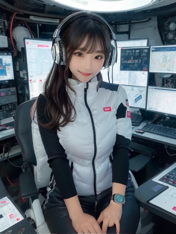 masterpiece, highest quality, Very detailed, 8K Portrait,Japanese Android Girl,plump , Control panel,Robotic arms and legs, Blunt bangs,,break (Metallic Gray, Metallic luster, Mirror finish, Astro Best):5,headphone:5,break (Black sleeves):100,Smart Watches,Futuristic space station,Control Room,break headphone,blue eyes,(Black Hair):2,(Long Hair):1.3,View the viewer,(respirator),break blush:3,Hidden Hand,smile